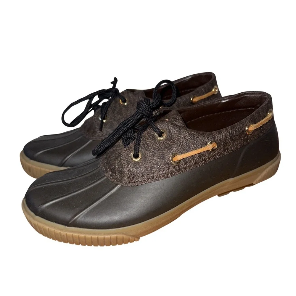 Michael Kors Womens Duck Shoes Brown Monogram Logo Rain Boat‎ Shoes Size 8